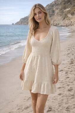 Saltwater Luxe Natural Smocked 3/4 Sleeve Mini Dress Size M Beach Boho